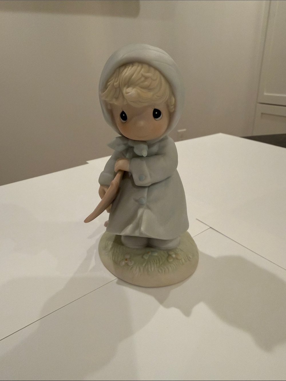Precious Moments Porcelain Figurine Girl in Light Blue Coat with Kite